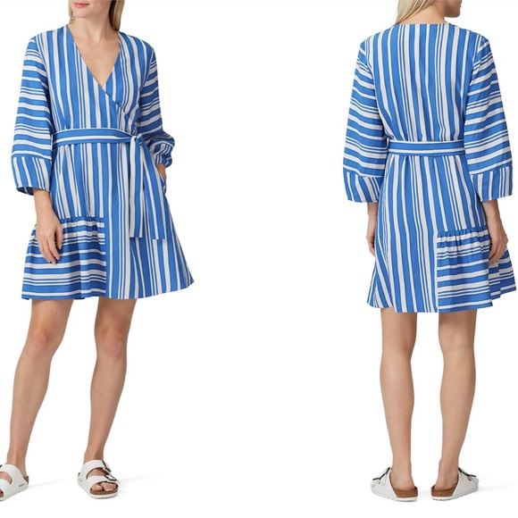 RTR Chinti & Parker Parasol Blue & White Striped 3/4 Sleeve Faux Wrap Dress Sz 4 - Picture 1 of 12